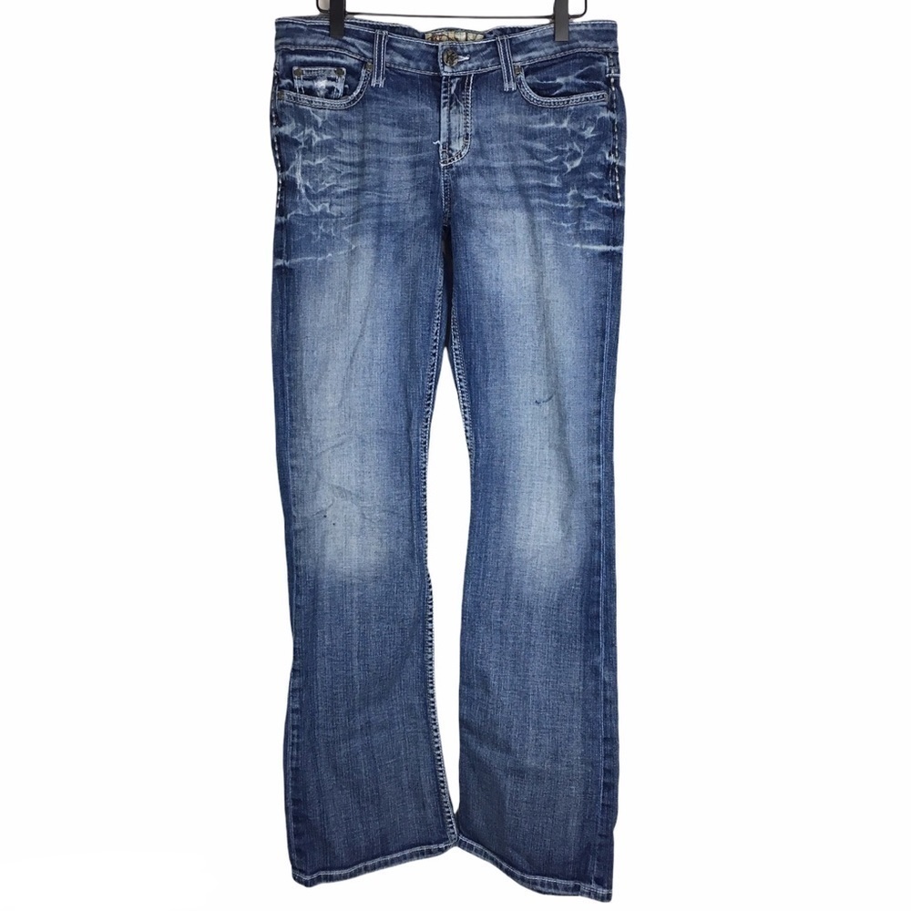 BKE Jeans Kate Bootcut Distressed Stretch Whiskering Embroidered Size 29 x 33.5